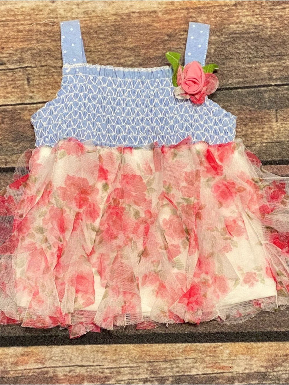 Little Lass Blue and Pink Floral Tulle Baby Dress with Smocked Top Size 6-9 Mo